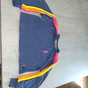 Small Aviator Nation Navy Sweatshirt with Neon Rainbow Stripes.